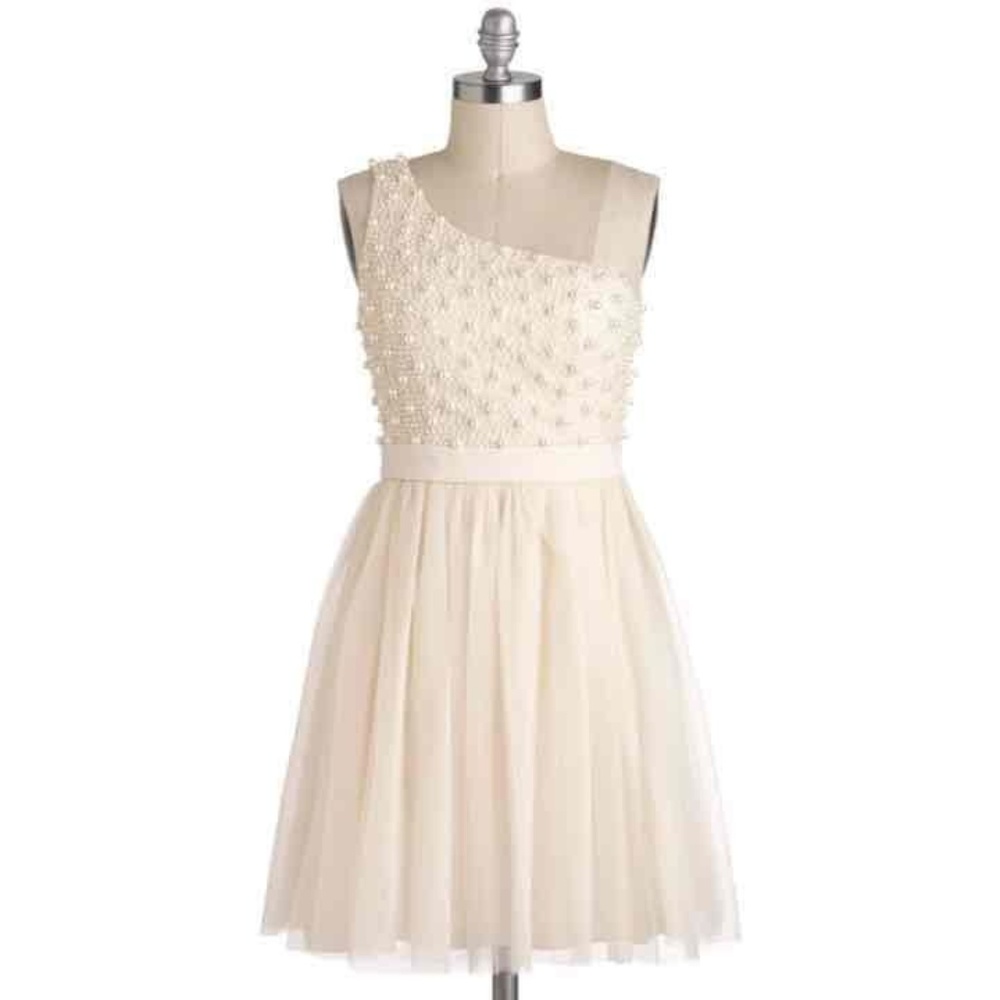 One shoulder ivory white pearl dress